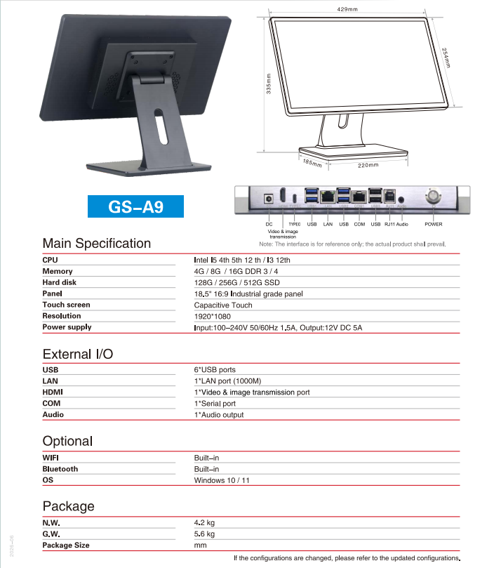 A9 18.5inch pos configuration